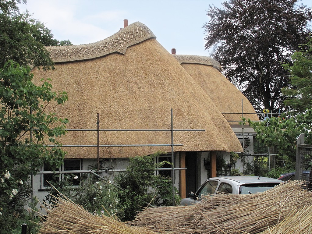 Complete re-thatch using water reed on a cottage in Linford